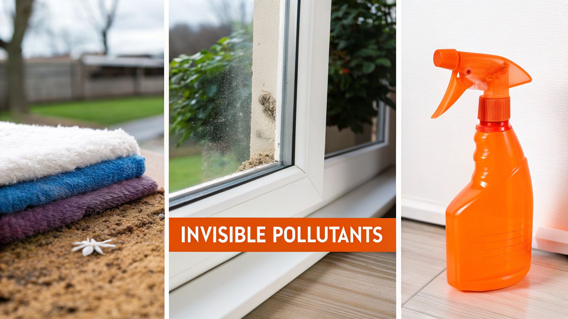 Stack of colorful towels, dusty window with visible pollutants, and an orange spray bottle labeled "Invisible Pollutants," highlighting indoor air quality concerns in homes.
