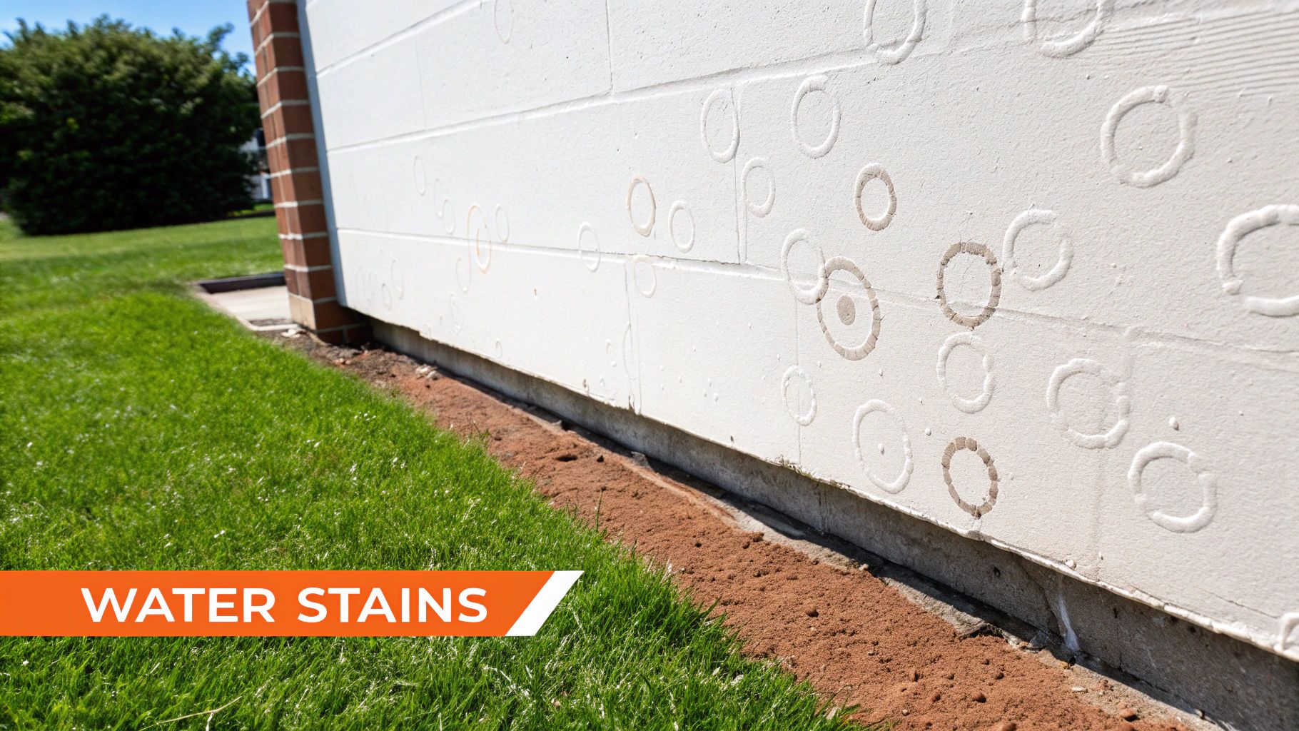 Water stains on a white wall, indicating potential mold growth and water damage, with green grass and soil visible in the foreground.