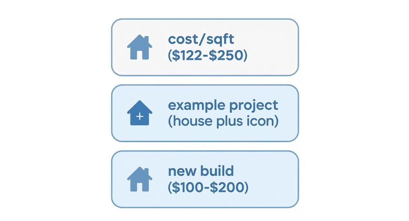 Infographic illustrating home addition costs per square foot, including cost ranges ($122-$250), example project with house icon, and new build costs ($100-$200).