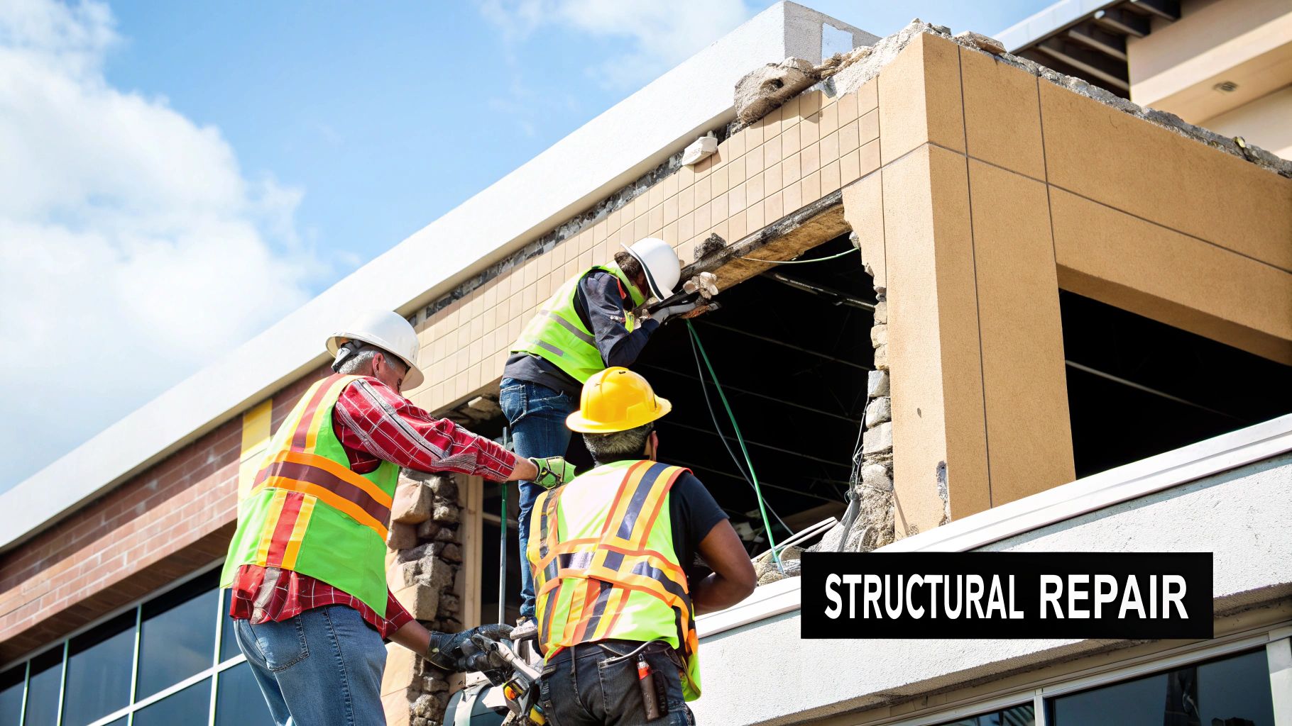 Workers in safety gear performing structural repair on a commercial building, highlighting the importance of restoration services and proactive strategies for water damage prevention.