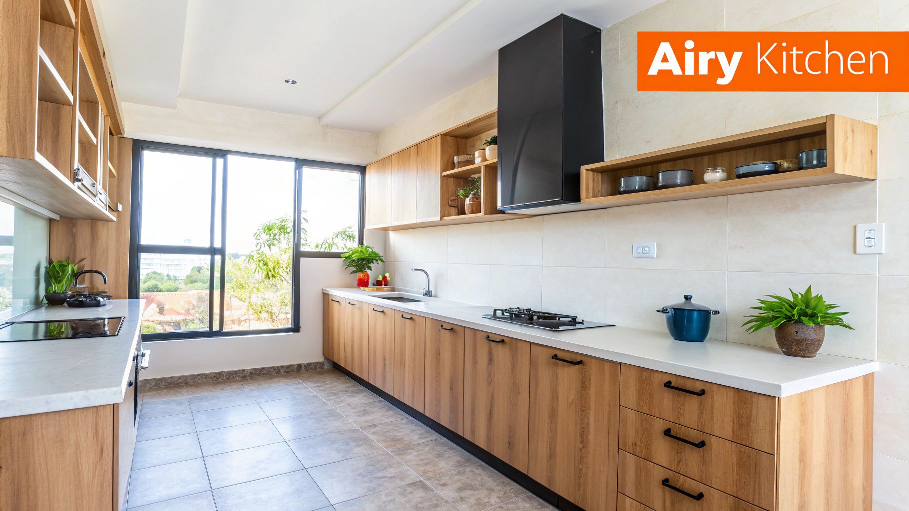 Airy kitchen featuring wooden cabinetry, marble countertops, modern appliances, and large windows allowing natural light, exemplifying timeless elegance and functionality in high-end kitchen design.