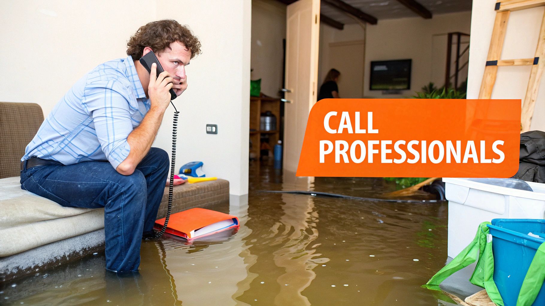 Man sitting on a couch with flooded water around him, talking on the phone, with a prominent message saying "CALL PROFESSIONALS," emphasizing the urgency of contacting water damage restoration experts.