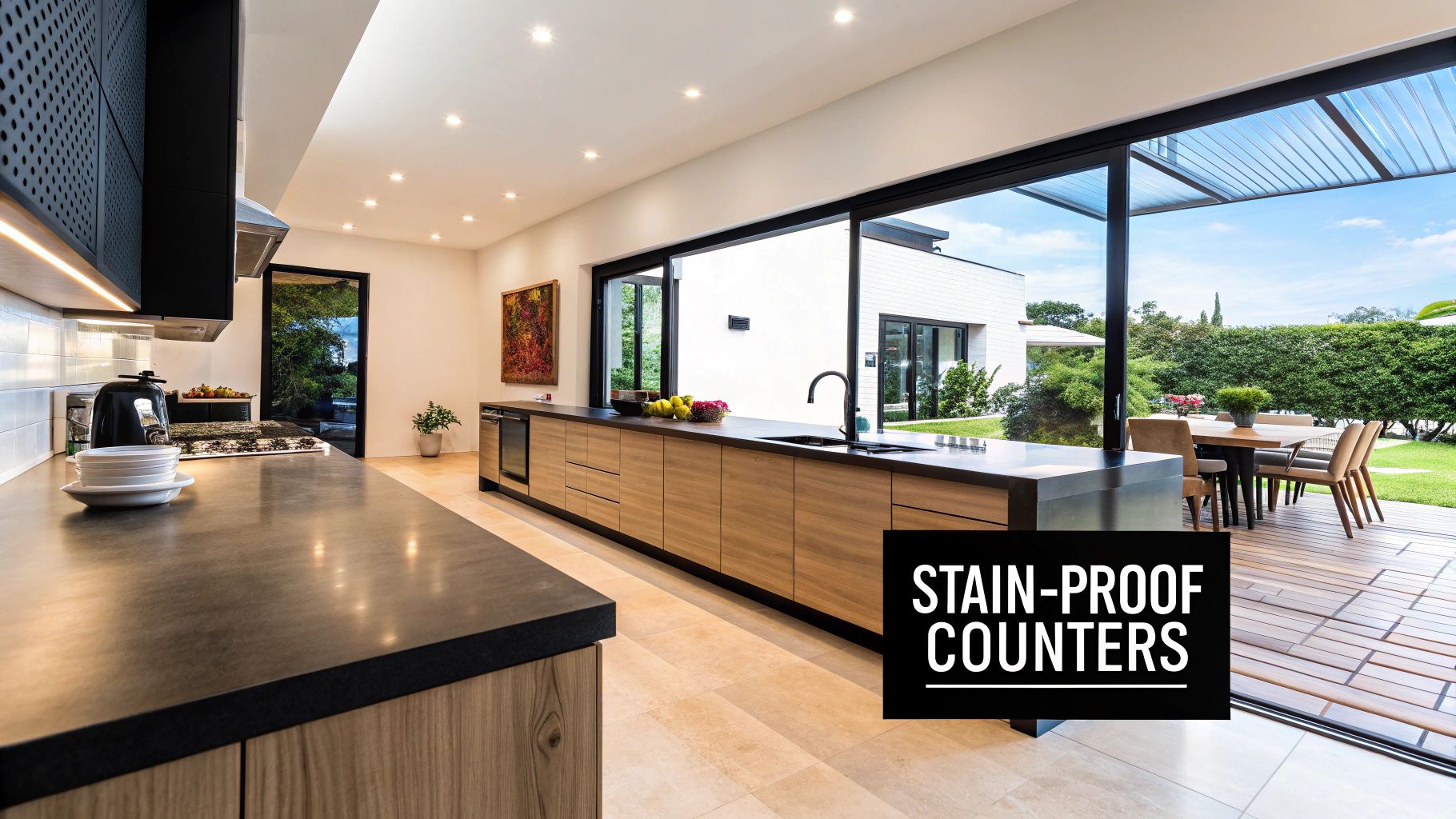 Modern kitchen featuring stain-proof countertops, sleek cabinetry, and an open layout with natural light, showcasing a blend of elegance and functionality for discerning homeowners.