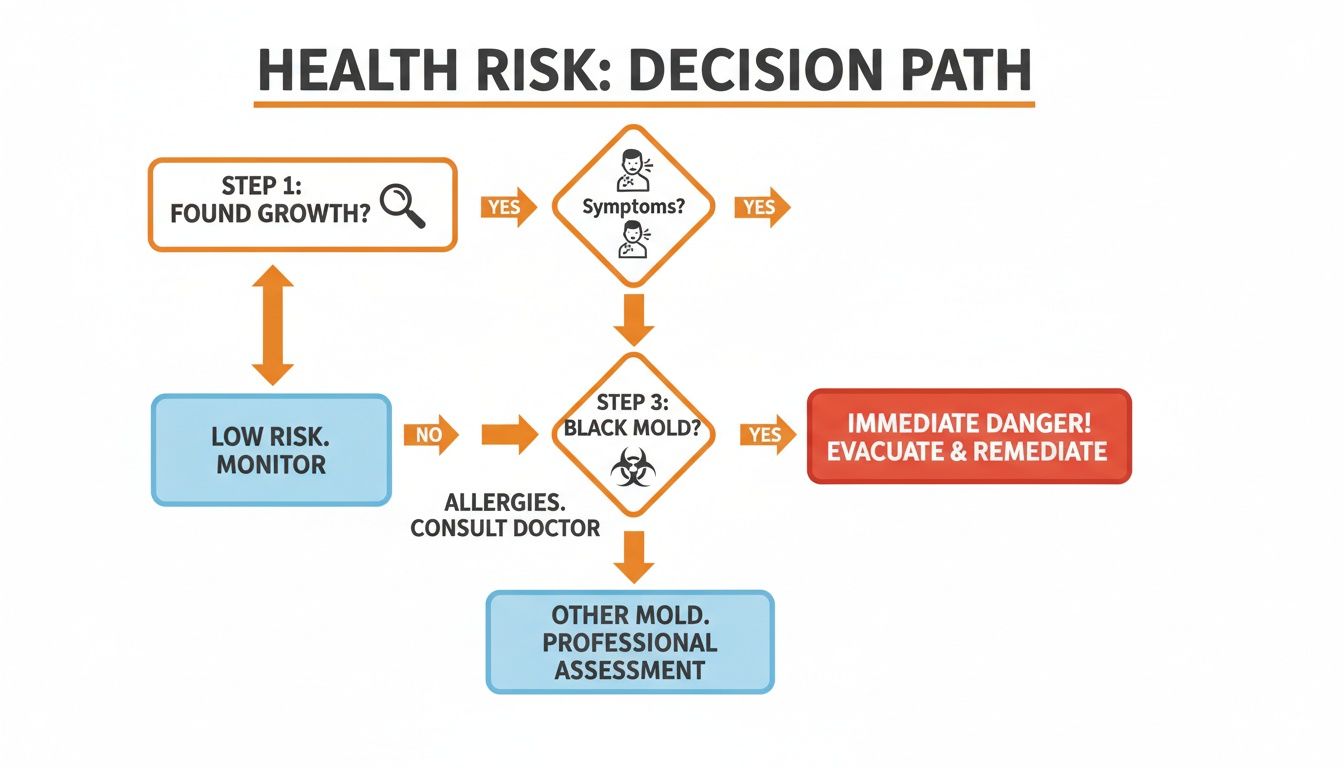 Health risk decision path flowchart for assessing mold growth, highlighting steps for symptoms, black mold identification, and recommendations for professional remediation.