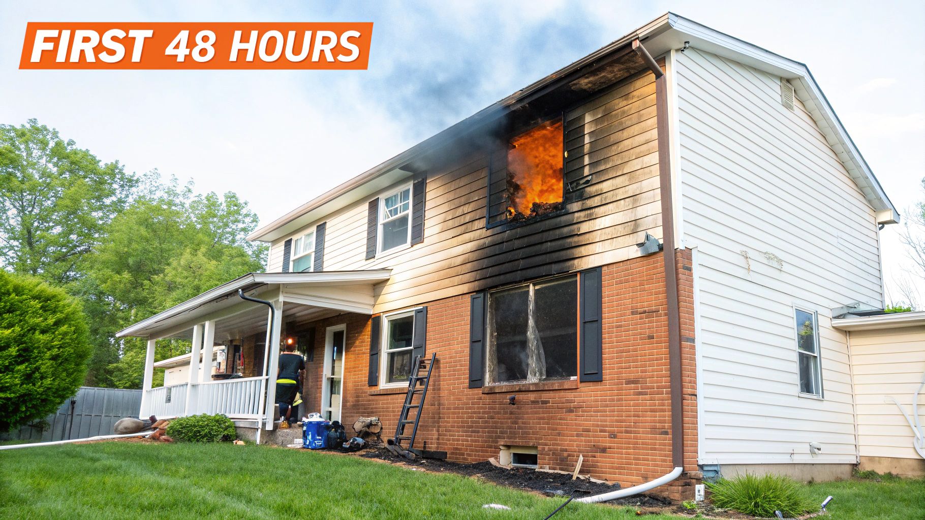House with smoke damage and fire visible in the upper window, indicating urgent need for smoke damage repair, relevant to fire recovery steps in Orange County.
