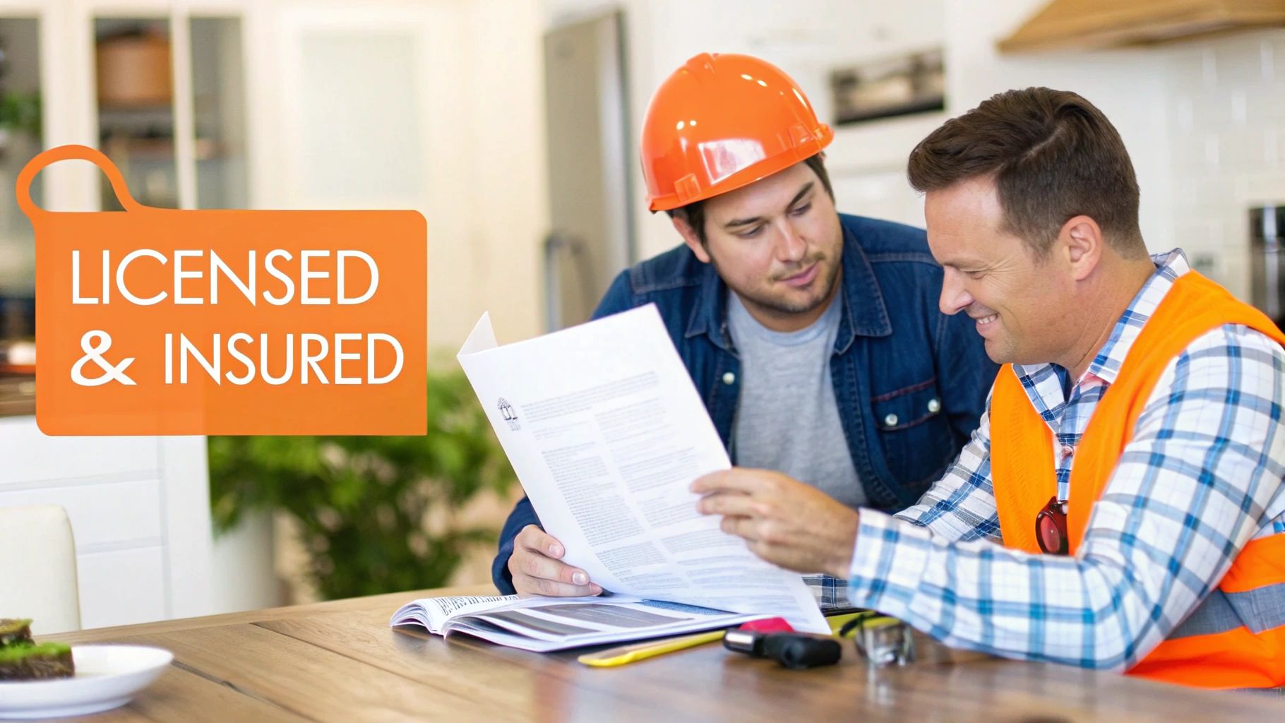 Two licensed and insured contractors in a hard hat and safety vest review documents at a table.