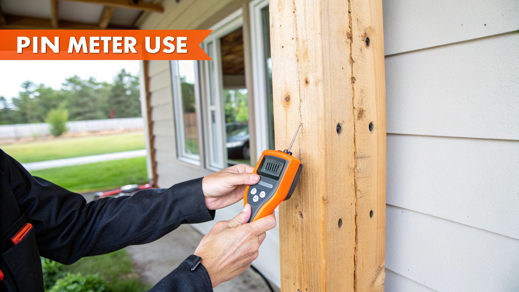 Person using a pin moisture meter on a wooden beam, demonstrating proper technique for accurate readings in moisture detection.