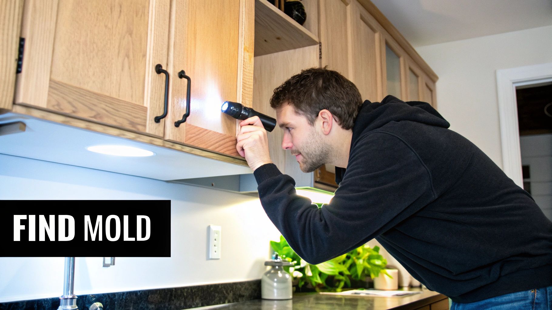 Person inspecting for mold with a flashlight under kitchen cabinets, emphasizing mold detection in home environments.