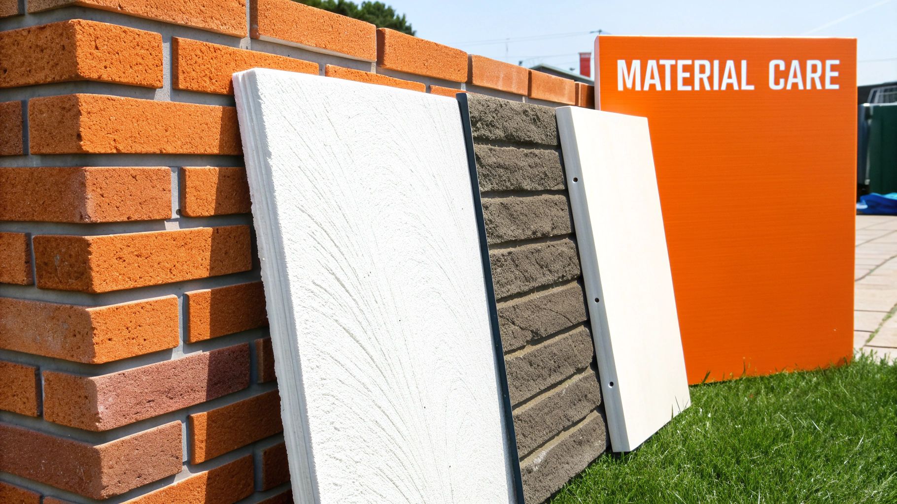 Samples of different wall materials, including textured white, gray, and smooth surfaces, alongside a brick wall, with an orange sign reading "MATERIAL CARE," emphasizing proper care for various building materials related to soot damage restoration.