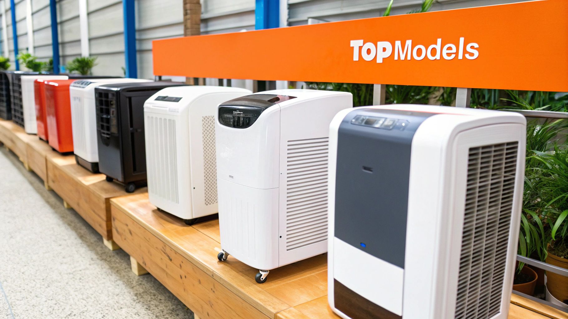 Row of professional-grade dehumidifiers in a showroom, labeled "Top Models," showcasing various designs and features for effective water damage restoration.