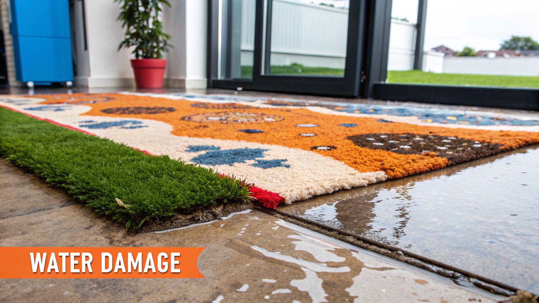 Water-damaged carpet with visible pooling water, highlighting the risk of mold growth, accompanied by an orange banner labeled "WATER DAMAGE."