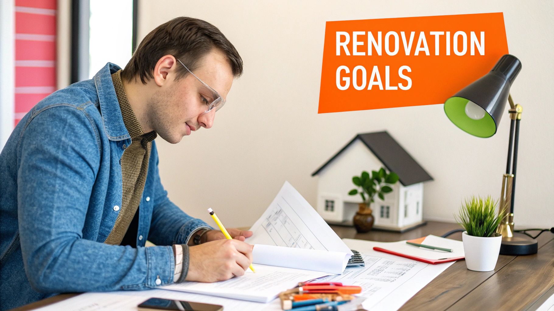 Man reviewing renovation plans at a desk with a model house, colored pens, and a lamp, with the text "RENOVATION GOALS" prominently displayed.