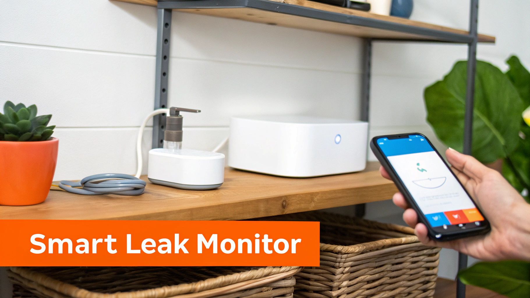 Hand holding a smartphone displaying a leak detection app next to a smart leak monitor device on a shelf.