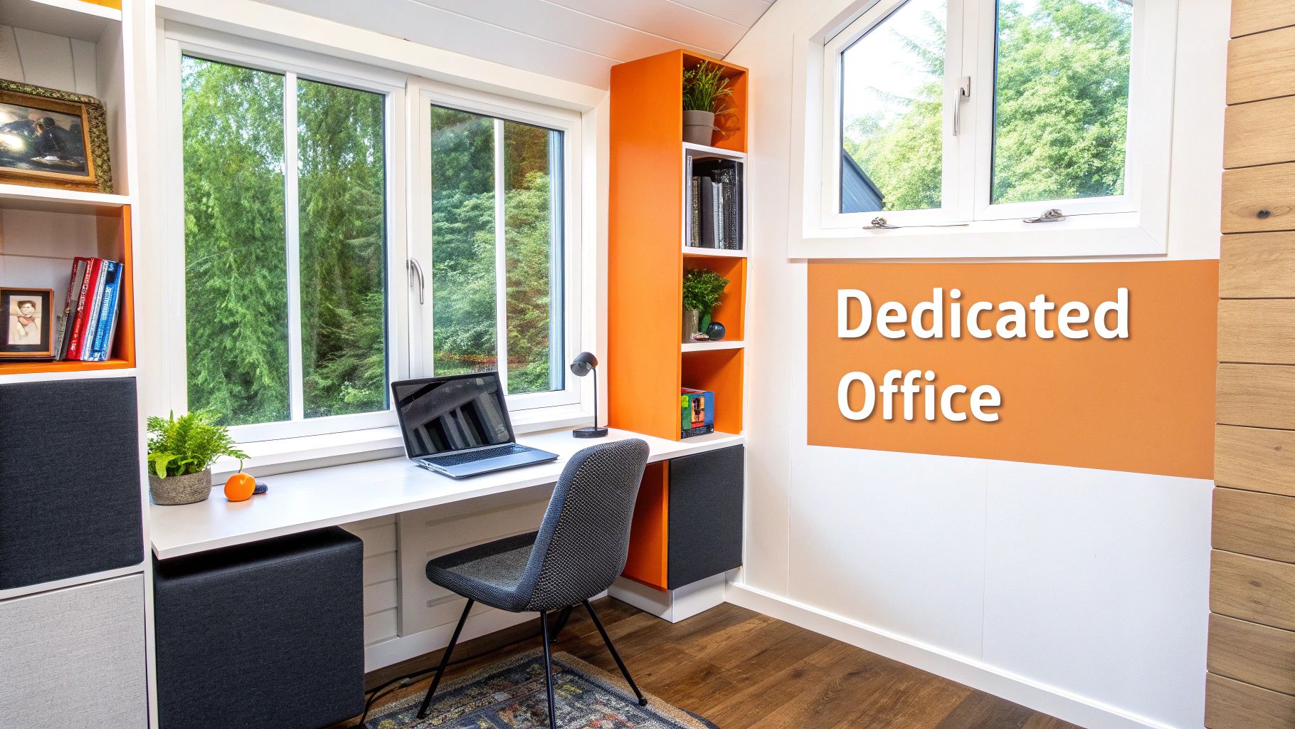A bright home office with a white desk, laptop, orange shelves, and large windows looking out to trees.