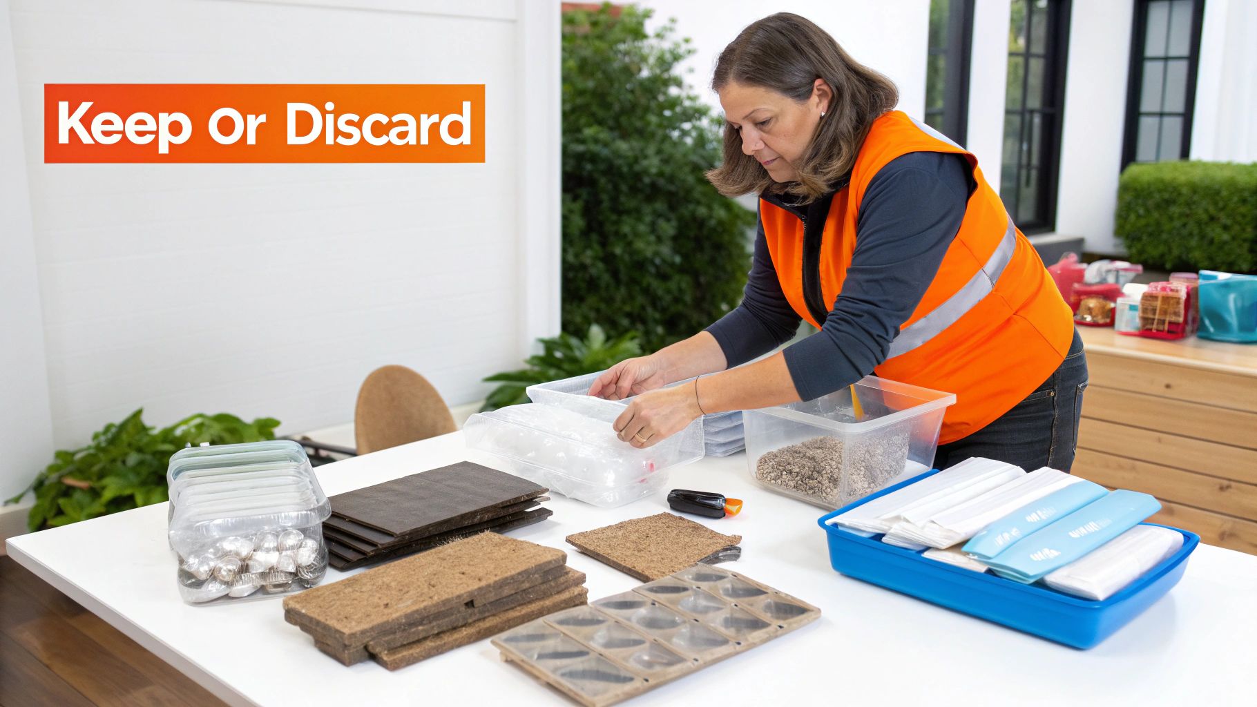 Person in an orange vest sorting items on a table labeled "Keep or Discard," with various containers and materials, illustrating the process of deciding what to salvage after water damage to prevent mold.