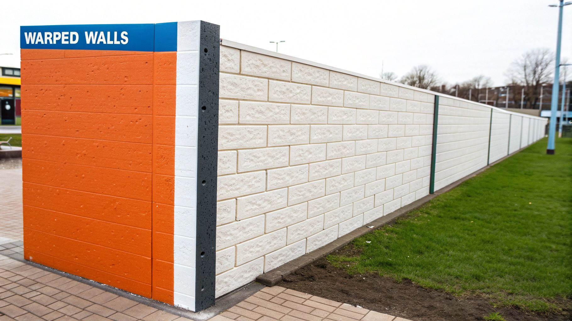 Warped wall demonstration with orange, white, and gray sections, highlighting the impact of moisture and potential mold issues.