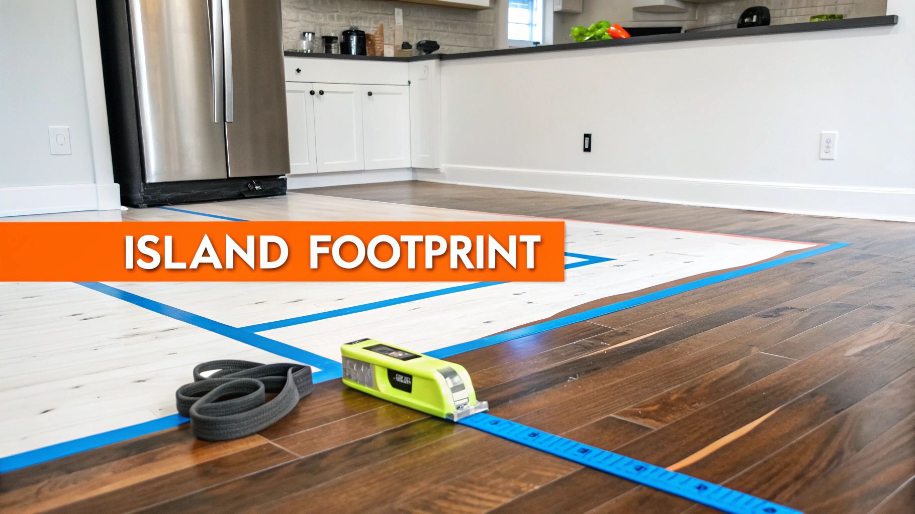 Island footprint marked with painter's tape on wooden floor, measuring tape and tools nearby, kitchen renovation preparation for island installation.