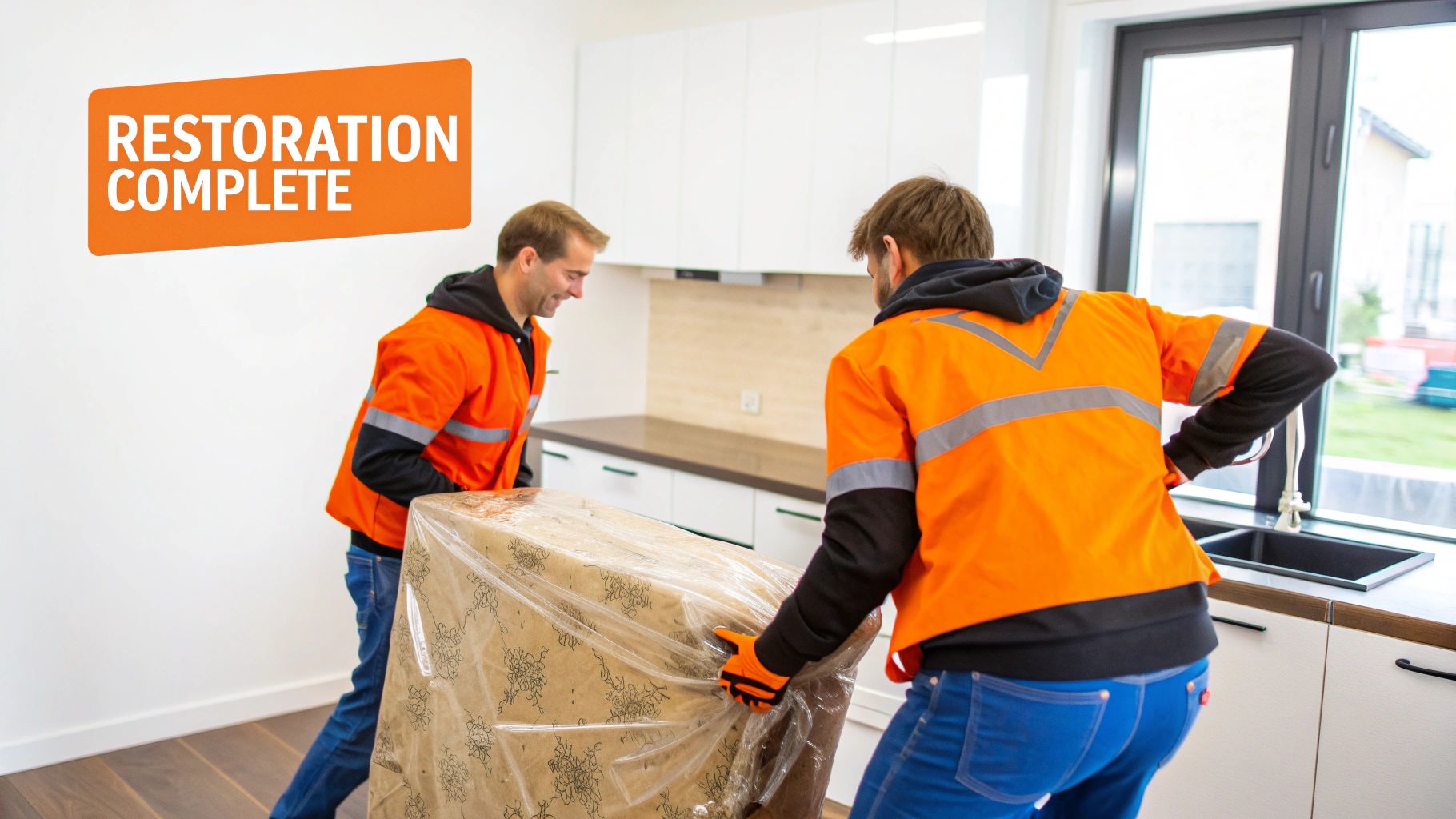 Two workers in orange jackets carrying a large wrapped item into a modern, restored kitchen.