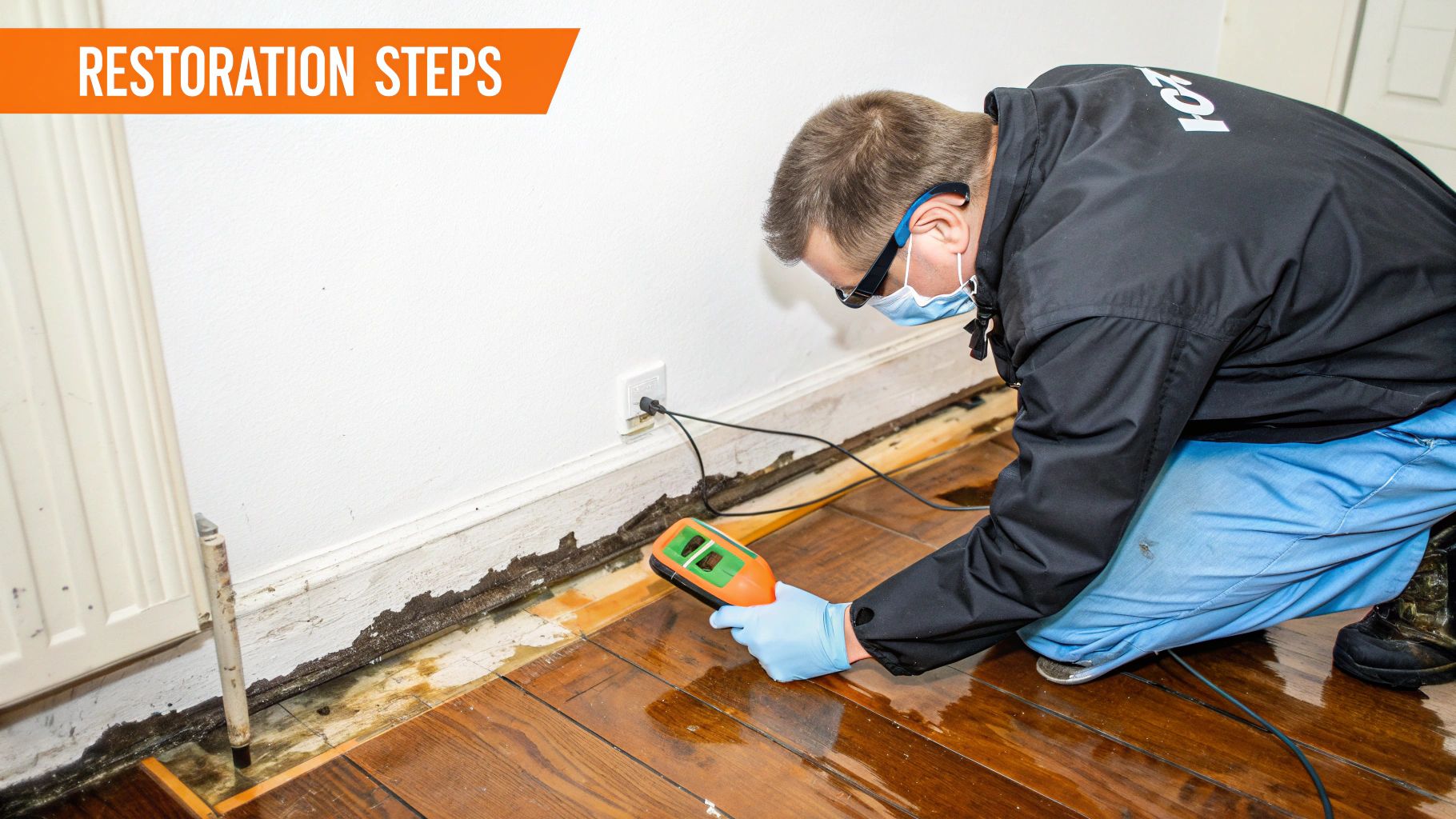 Professional restoration technician using a moisture meter to assess water damage near an electrical outlet, highlighting crucial restoration steps for homeowners dealing with water-related issues.