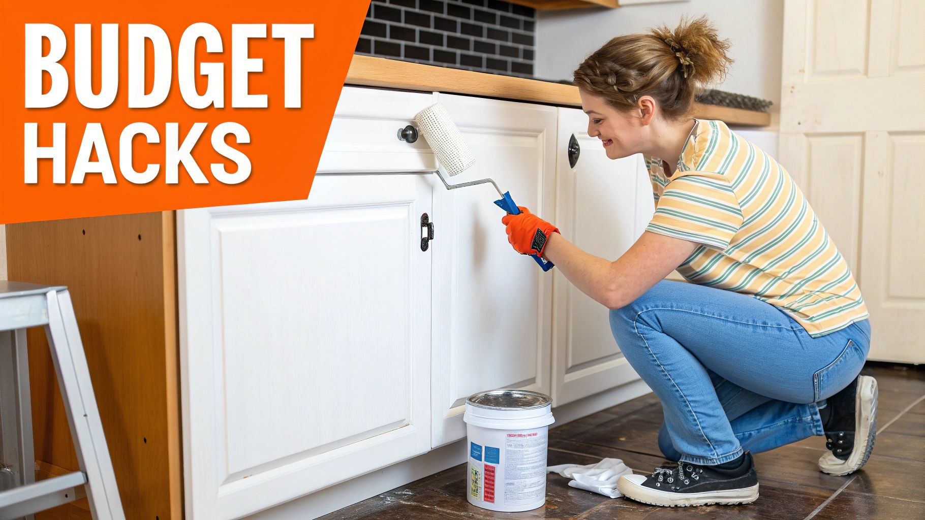 Woman painting kitchen cabinets with a roller, showcasing budget-friendly home improvement tips, with "BUDGET HACKS" text overlay.