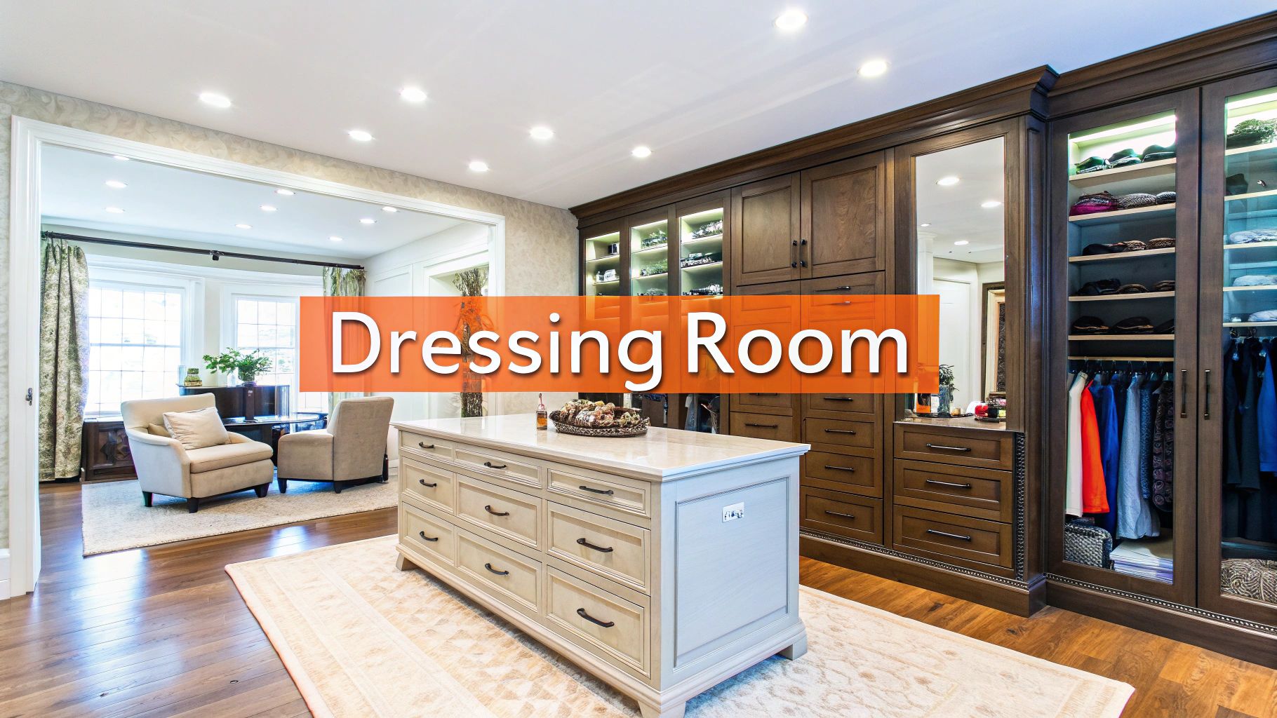 Luxury dressing room with custom cabinetry, lounge seating, and organized wardrobe displays, enhancing master bedroom functionality and aesthetics.