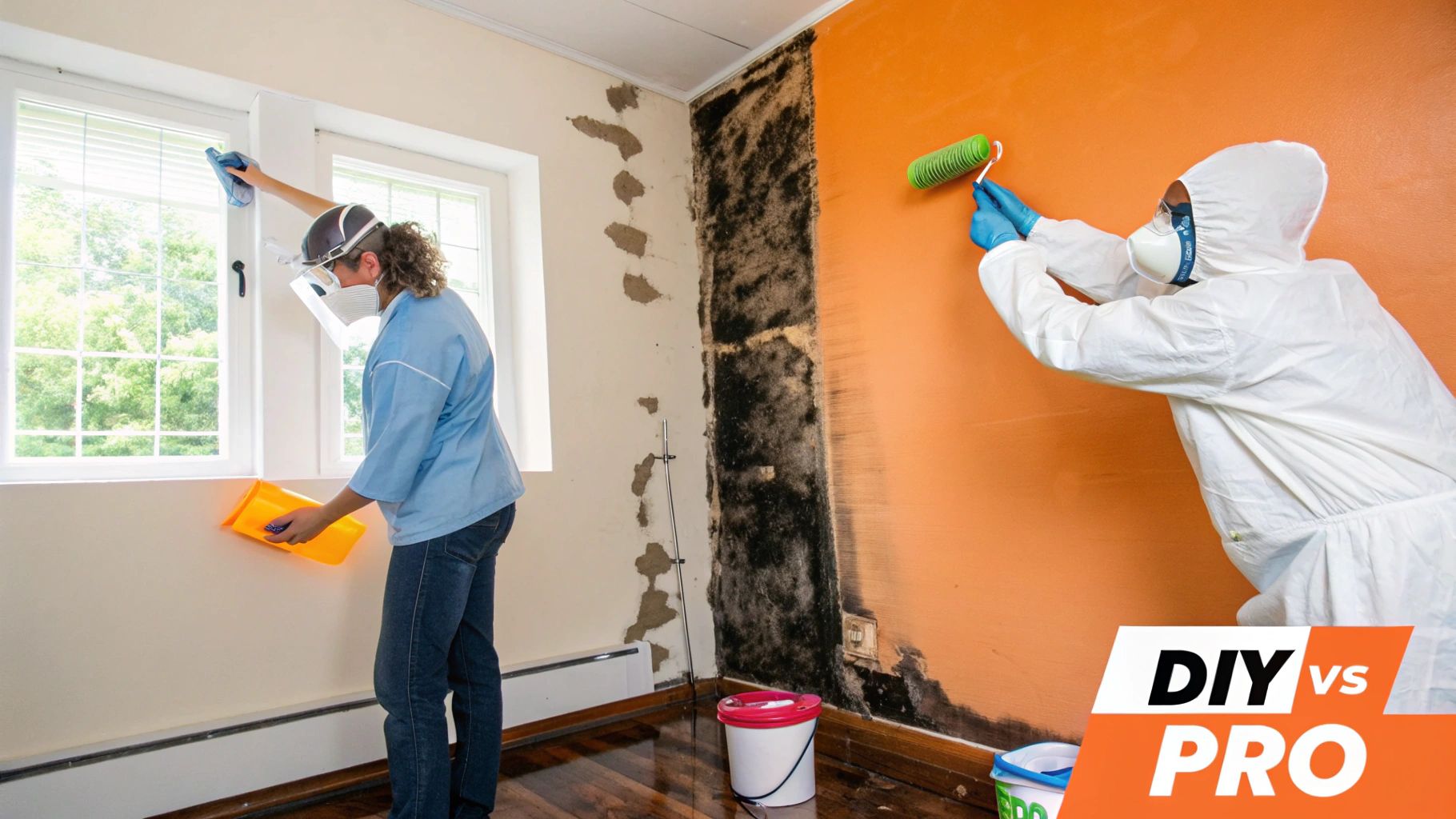 Woman cleaning window with microfiber cloth and man in protective gear painting wall, illustrating DIY vs professional smoke damage restoration techniques after fire.