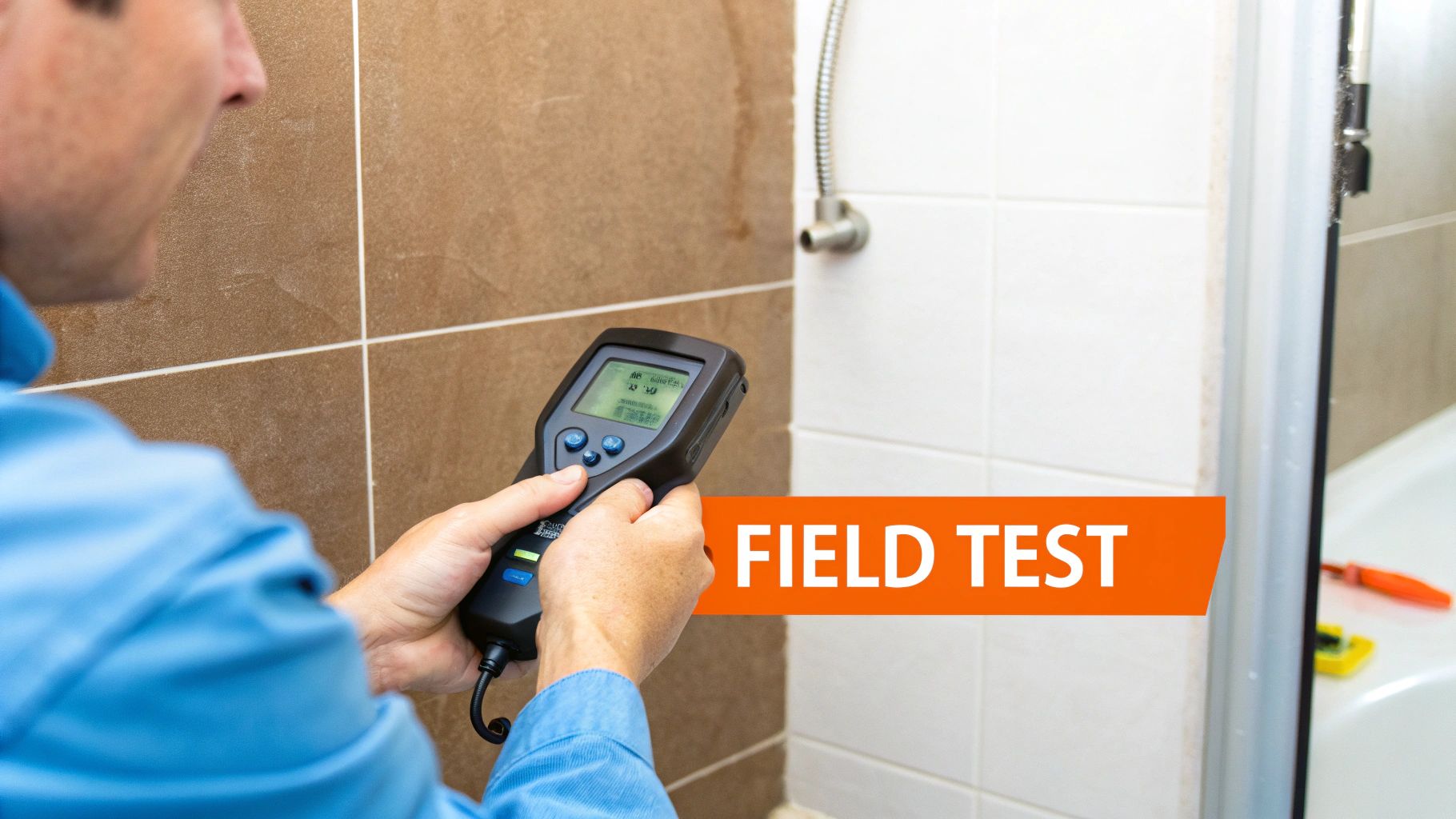 A person uses a handheld moisture meter to test a tiled bathroom wall for dampness.