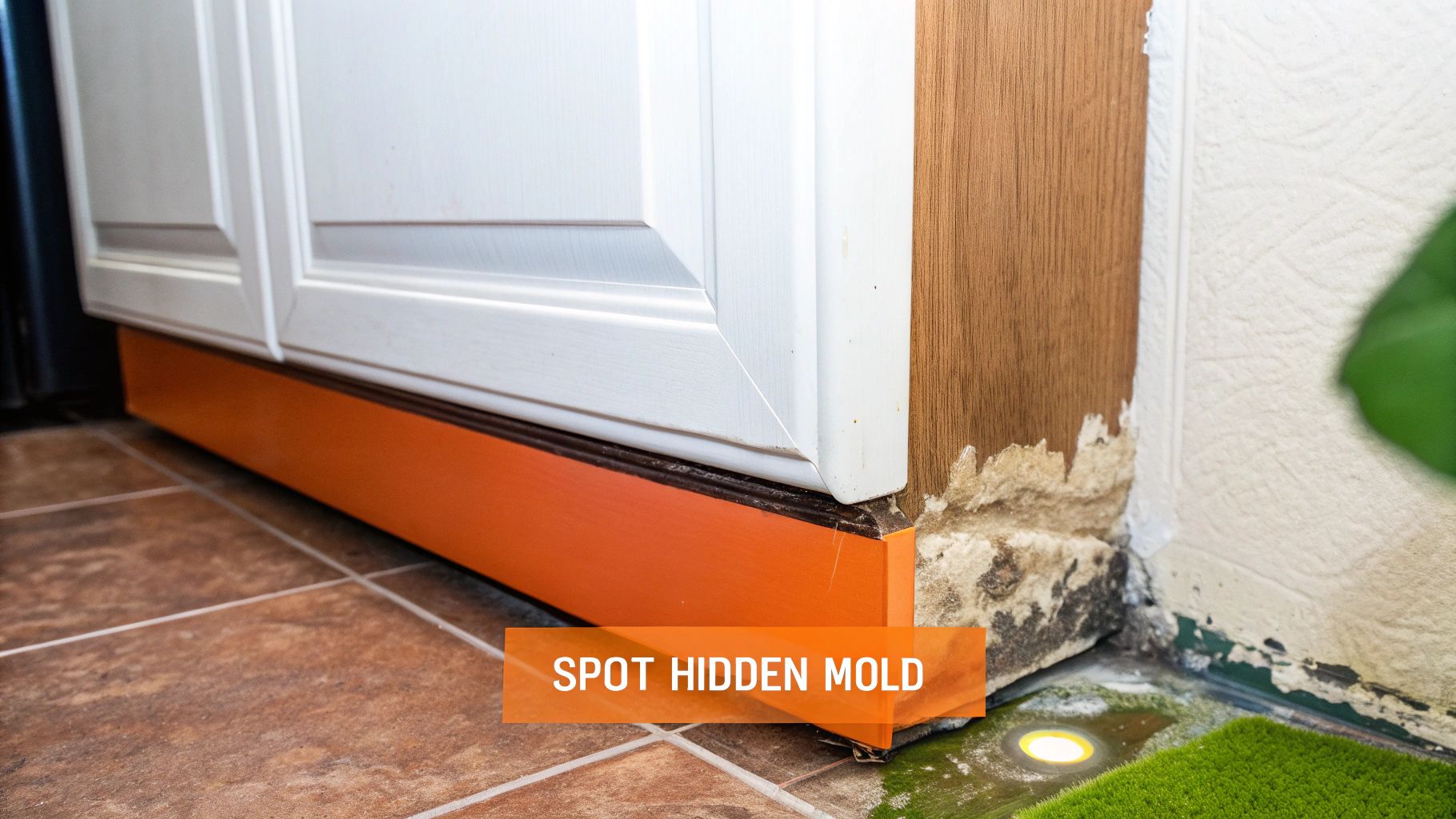 Hidden mold growth behind kitchen cabinetry with visible damage and orange "Spot Hidden Mold" text, emphasizing the importance of mold identification and remediation for homeowners in Orange County.