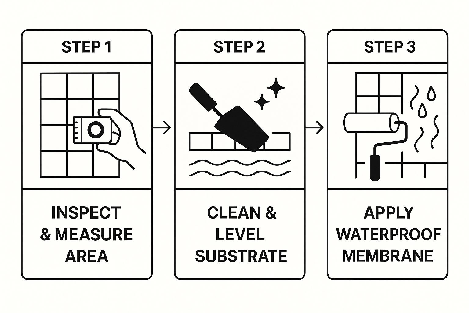 Step-by-step guide for shower tile remodeling: Inspect and measure area, clean and level substrate, apply waterproof membrane.