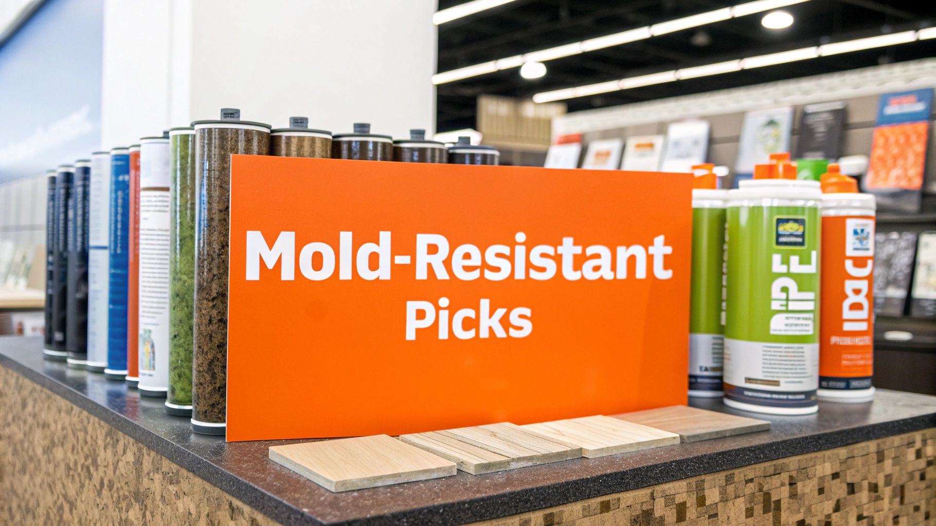 Mold-resistant building materials display featuring an orange sign labeled "Mold-Resistant Picks," surrounded by product containers and wood samples, emphasizing strategic choices for mold prevention in bathroom renovations.