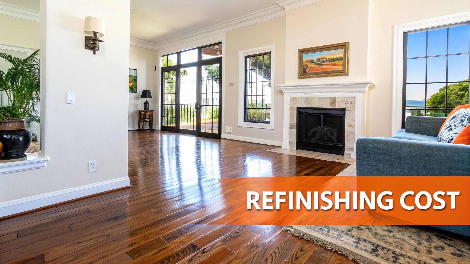 Living room with refinished hardwood floors, modern decor, and text overlay "REFINISHING COST," emphasizing quality craftsmanship and investment in flooring for homeowners in Orange County.