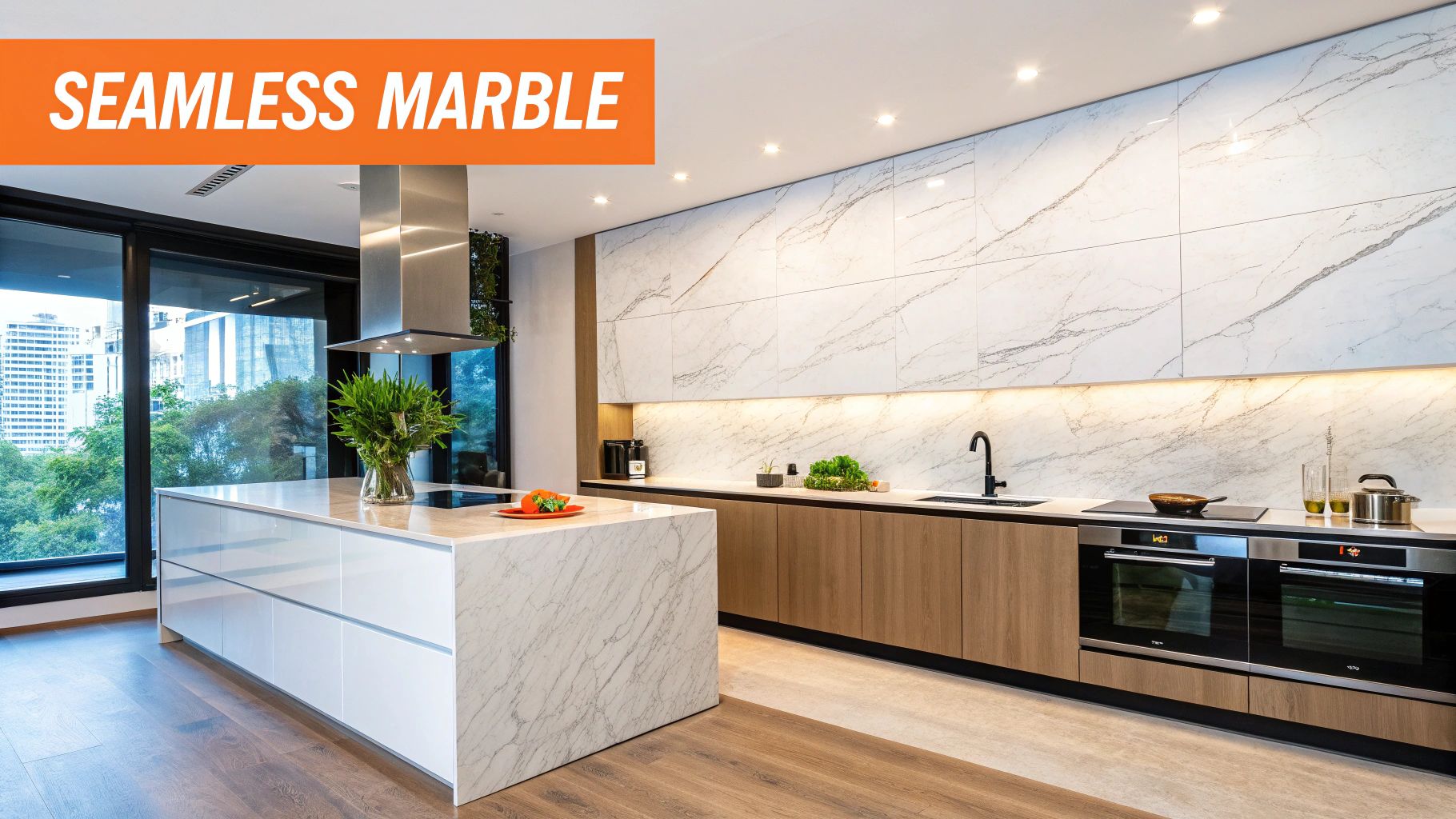 A modern kitchen featuring a large marble island, seamless marble backsplash, wooden cabinets, and cityscape views.