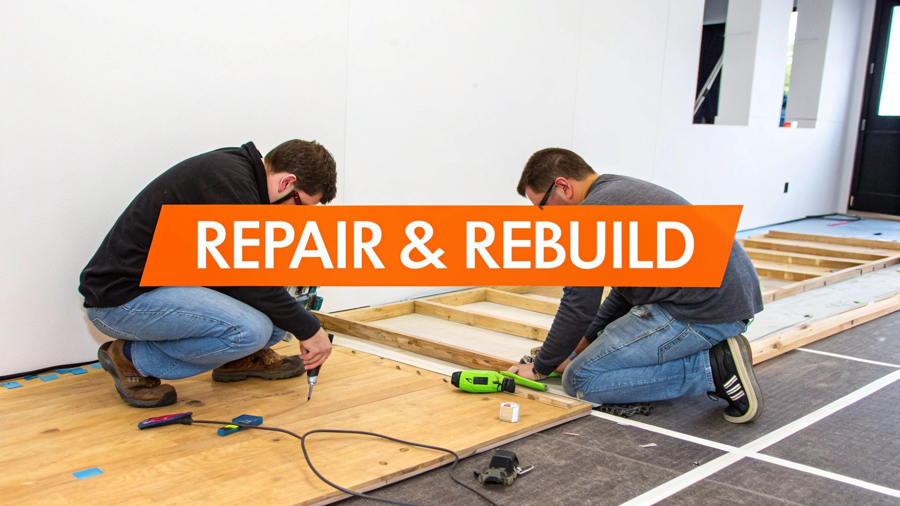 Two professional contractors repairing and rebuilding wooden floor structure in residential property