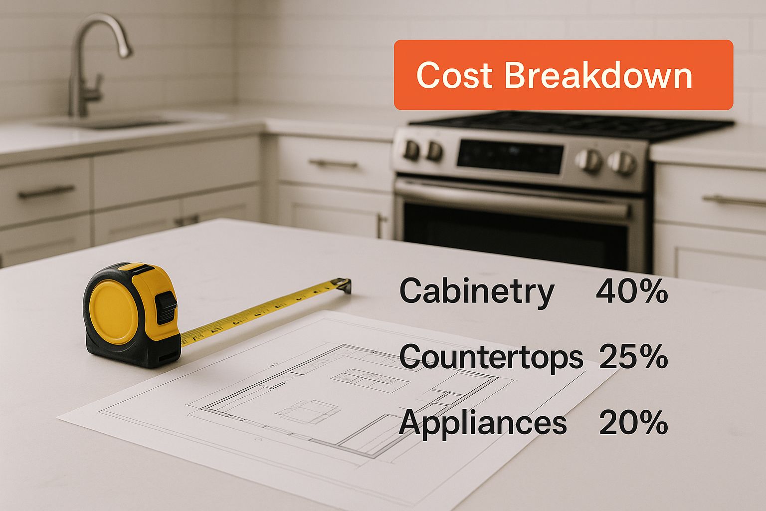 Kitchen remodel cost breakdown chart showing cabinetry at 40%, countertops at 25%, and appliances at 20%, with a measuring tape and design blueprint on a countertop.