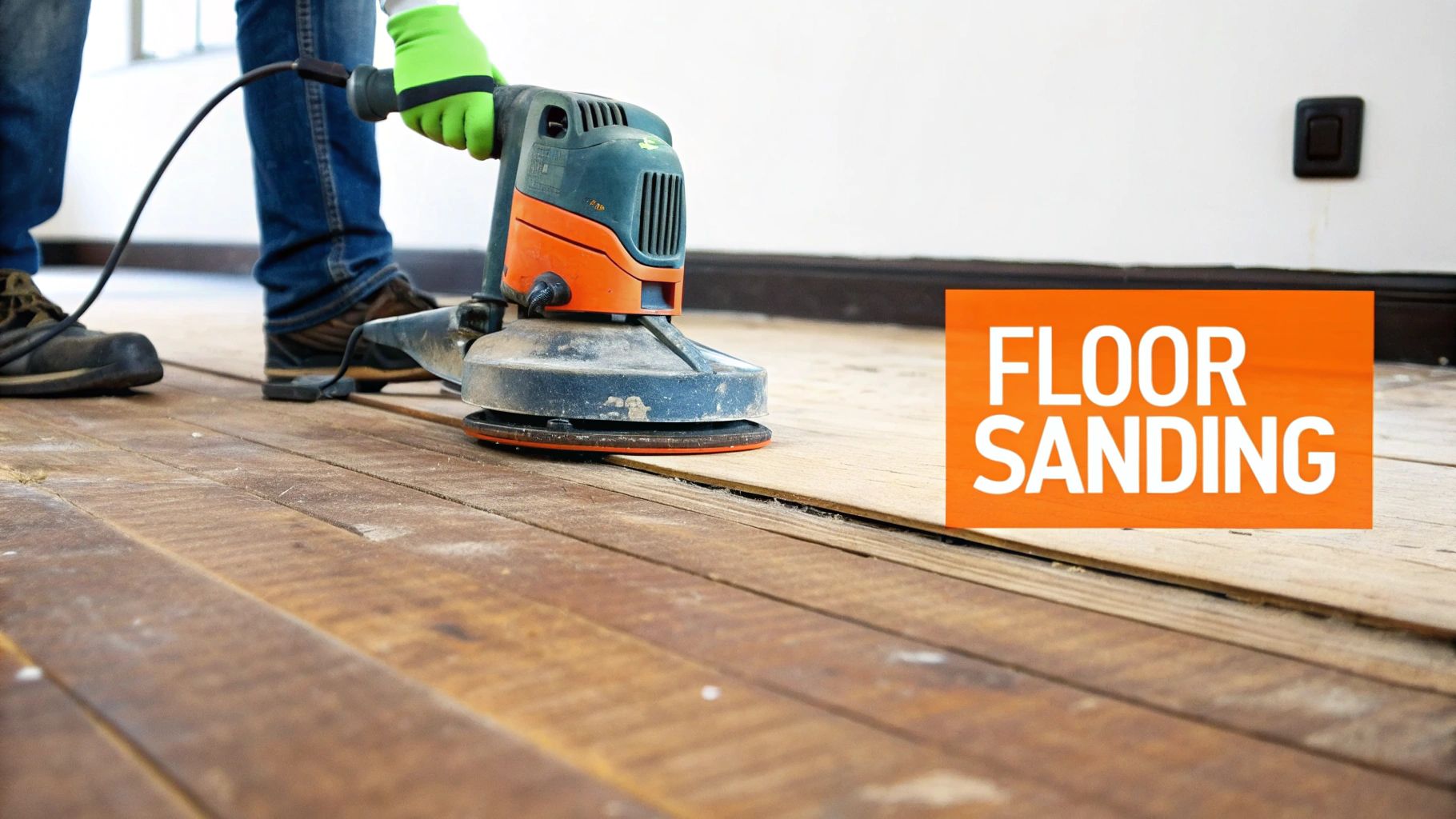 Person operating a floor sander on hardwood flooring, demonstrating the preparation process for refinishing, with "FLOOR SANDING" text prominently displayed.