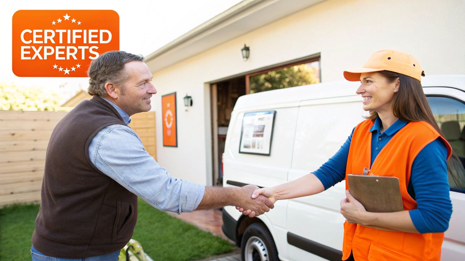Man and woman shaking hands outside a home, with the woman wearing an orange vest and holding a clipboard, emphasizing certified mold removal expertise in Orange County.