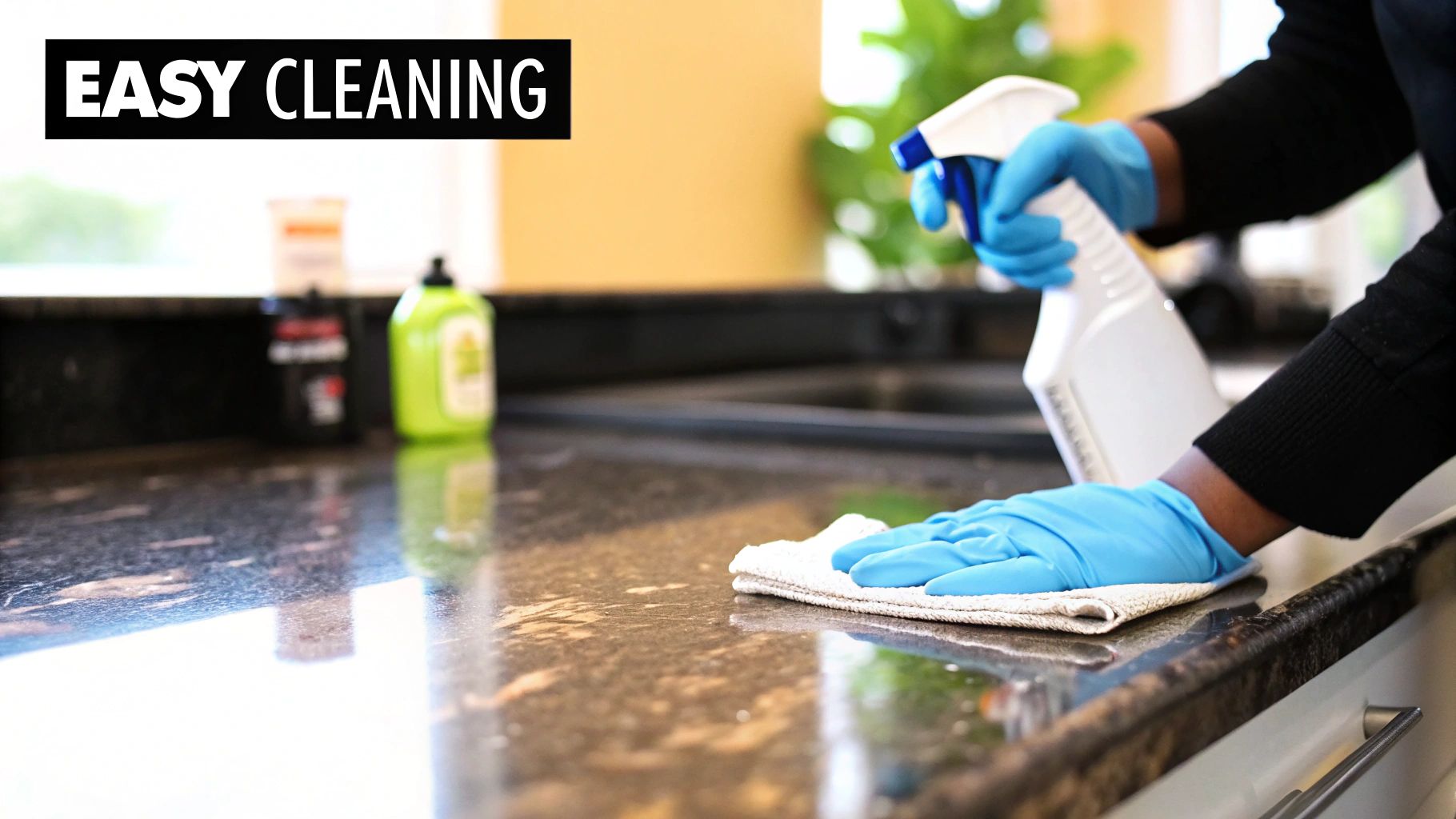 Person cleaning a non-porous countertop with a spray bottle and cloth, highlighting easy maintenance and stain resistance, relevant to stain-proof countertop benefits in home renovations.