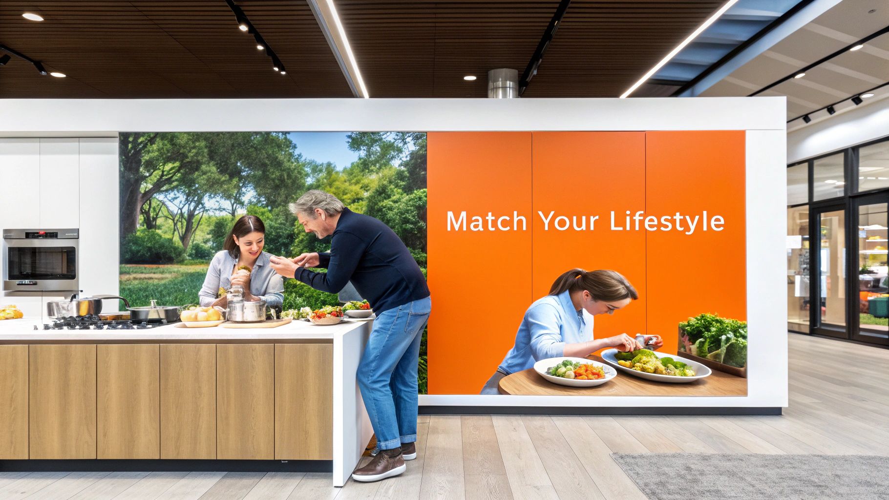 Couple cooking together in a modern kitchen with a vibrant "Match Your Lifestyle" wall display, showcasing fresh ingredients and cookware, emphasizing the importance of durable countertop materials for luxury kitchens.