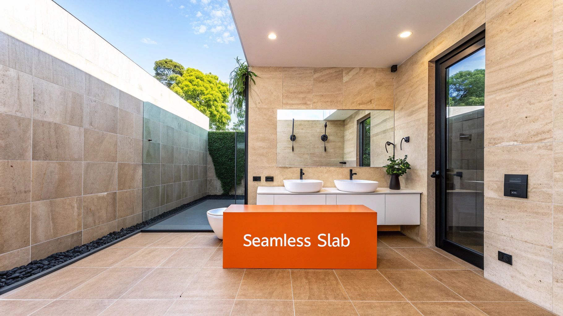 Modern outdoor bathroom featuring double sinks, large mirror, tile flooring, and green landscaping.