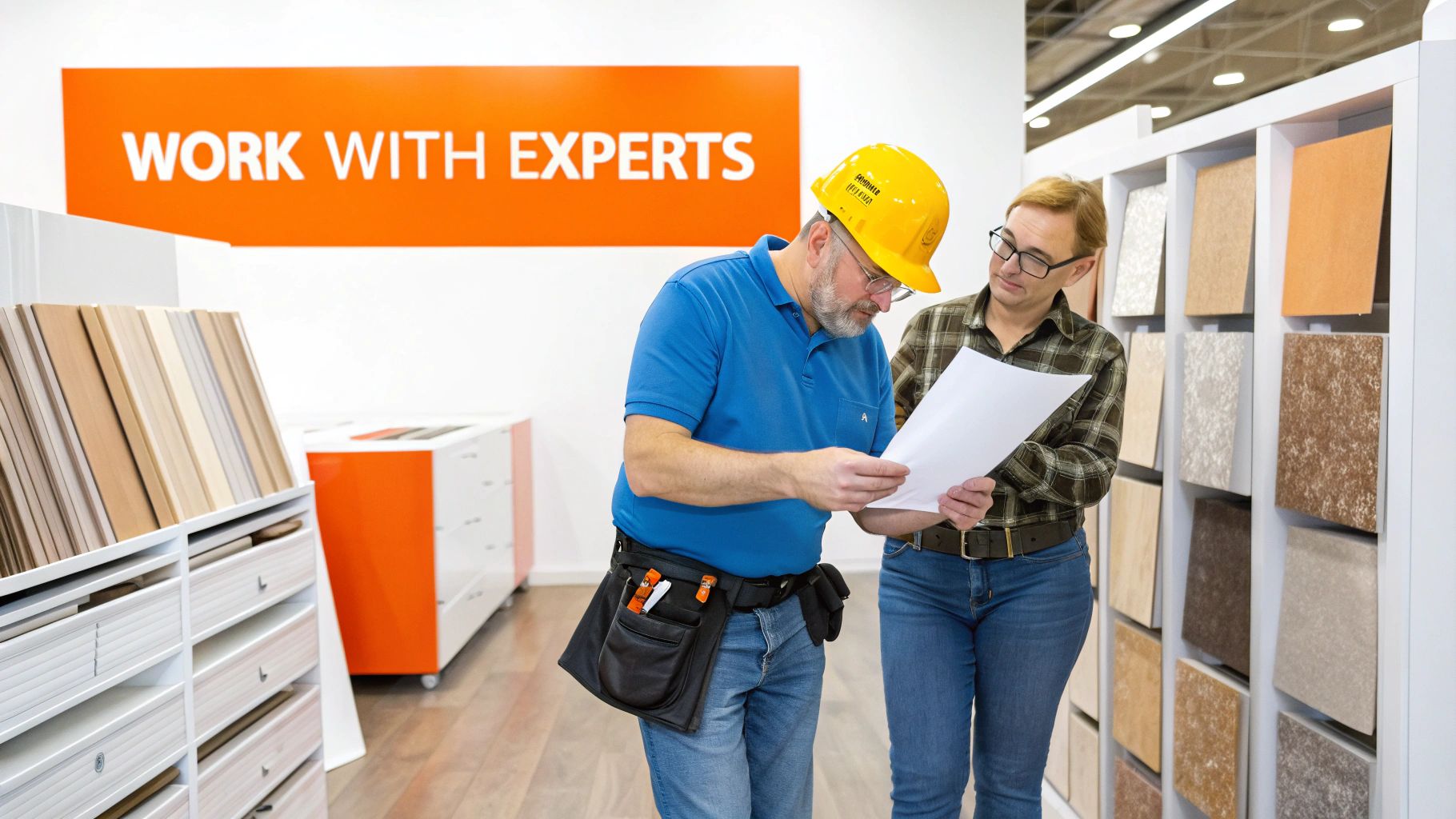 Construction expert in a hard hat and a woman review renovation plans in a material showroom.