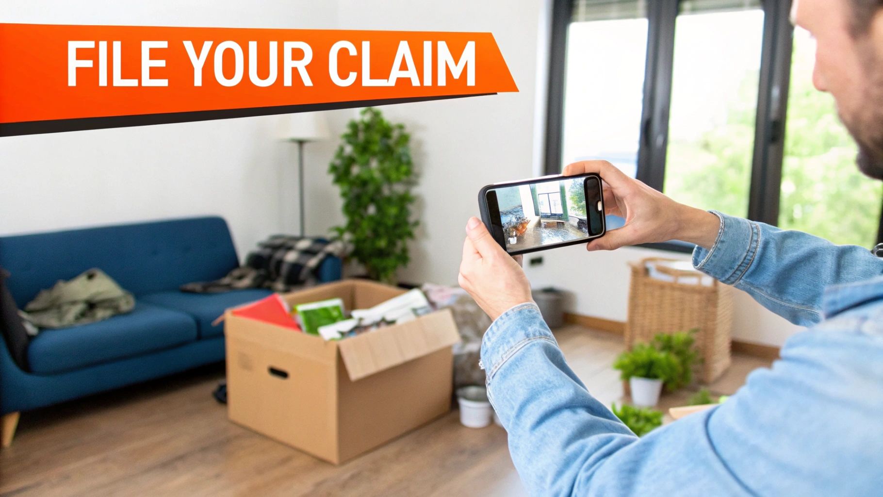 A person uses a smartphone to photograph a room with water damage, filing an insurance claim.