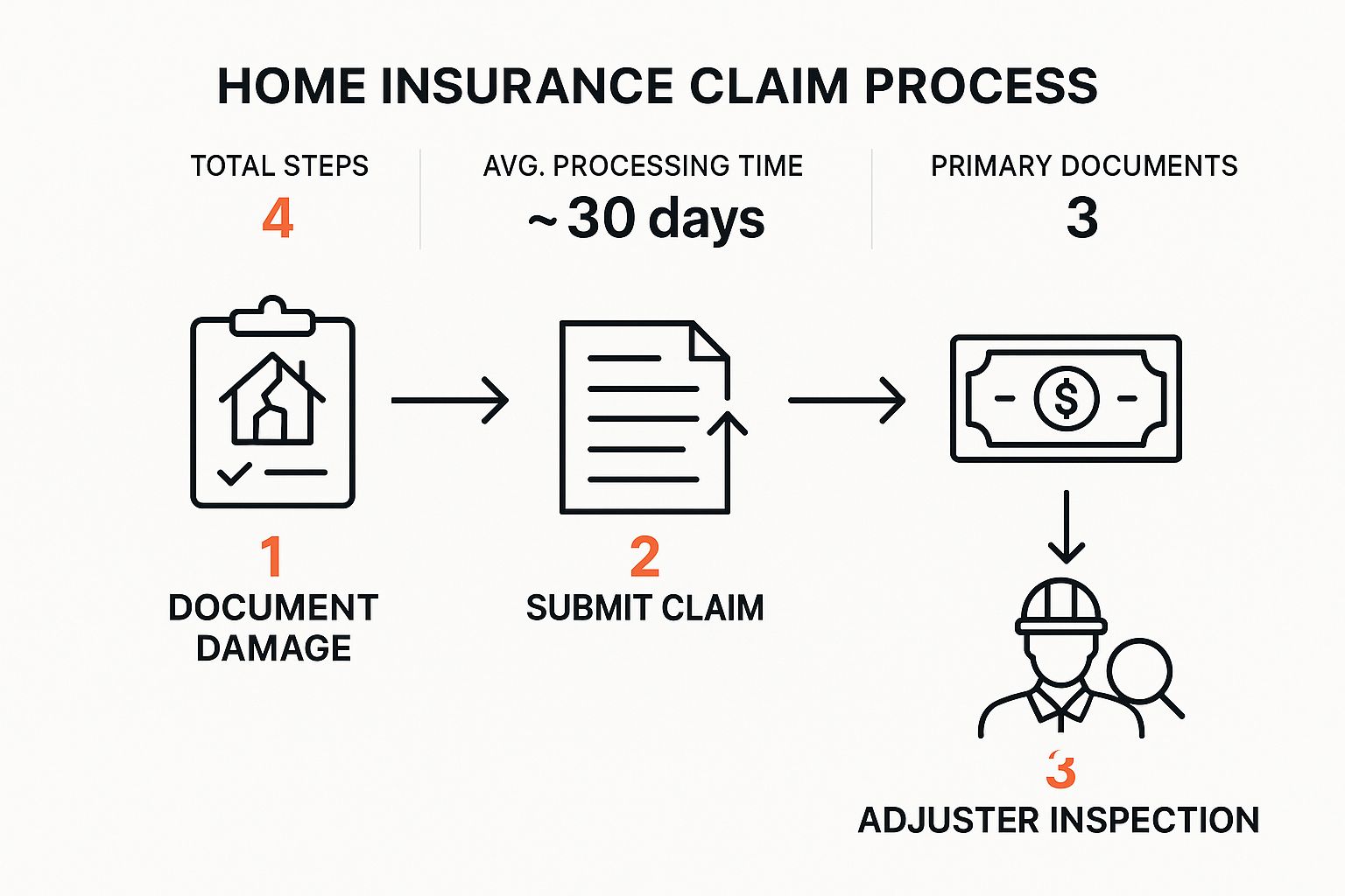 Home insurance claim process infographic illustrating four steps: document damage, submit claim, adjuster inspection, and average processing time of 30 days.