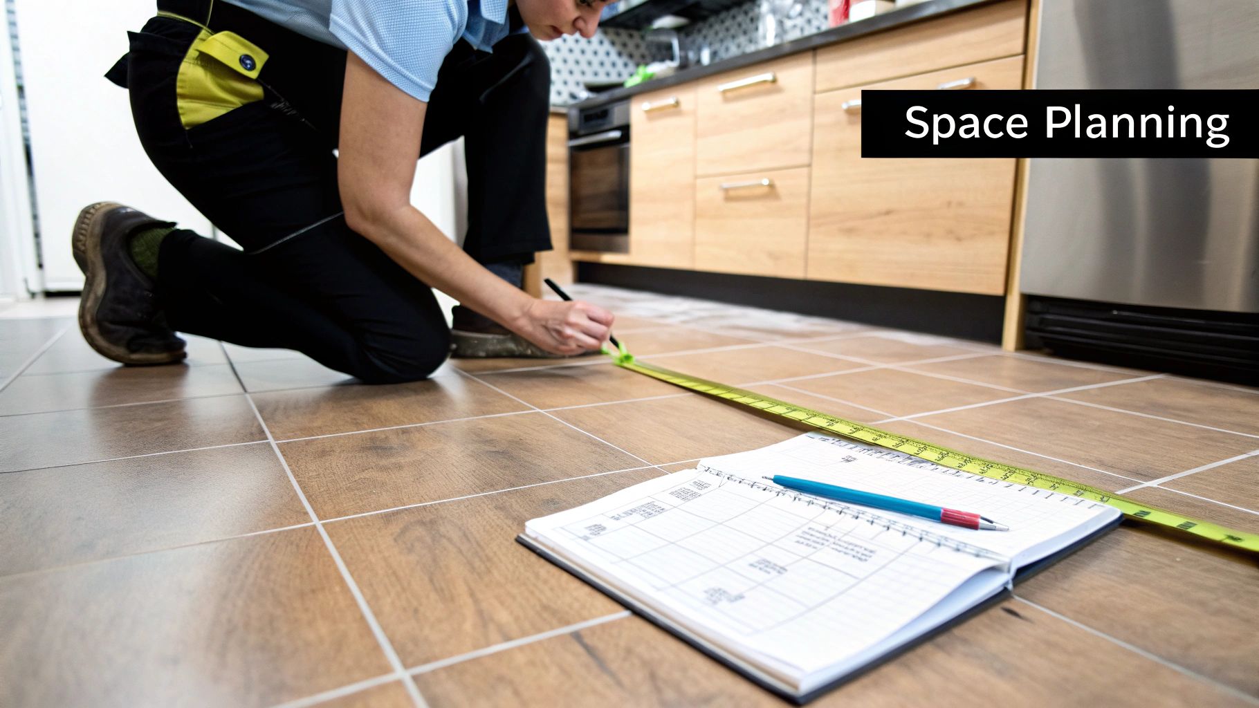 Person measuring kitchen space with a tape measure and taking notes in a planner, emphasizing space planning for kitchen island installation.