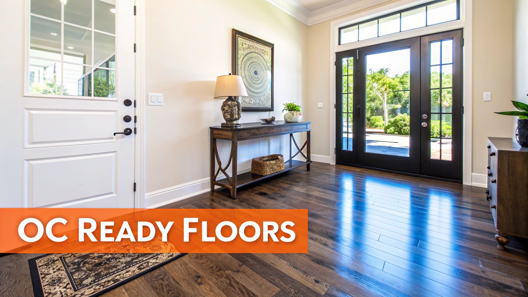 A luxurious home entryway with gleaming dark hardwood floors, a console table, and elegant double French doors.