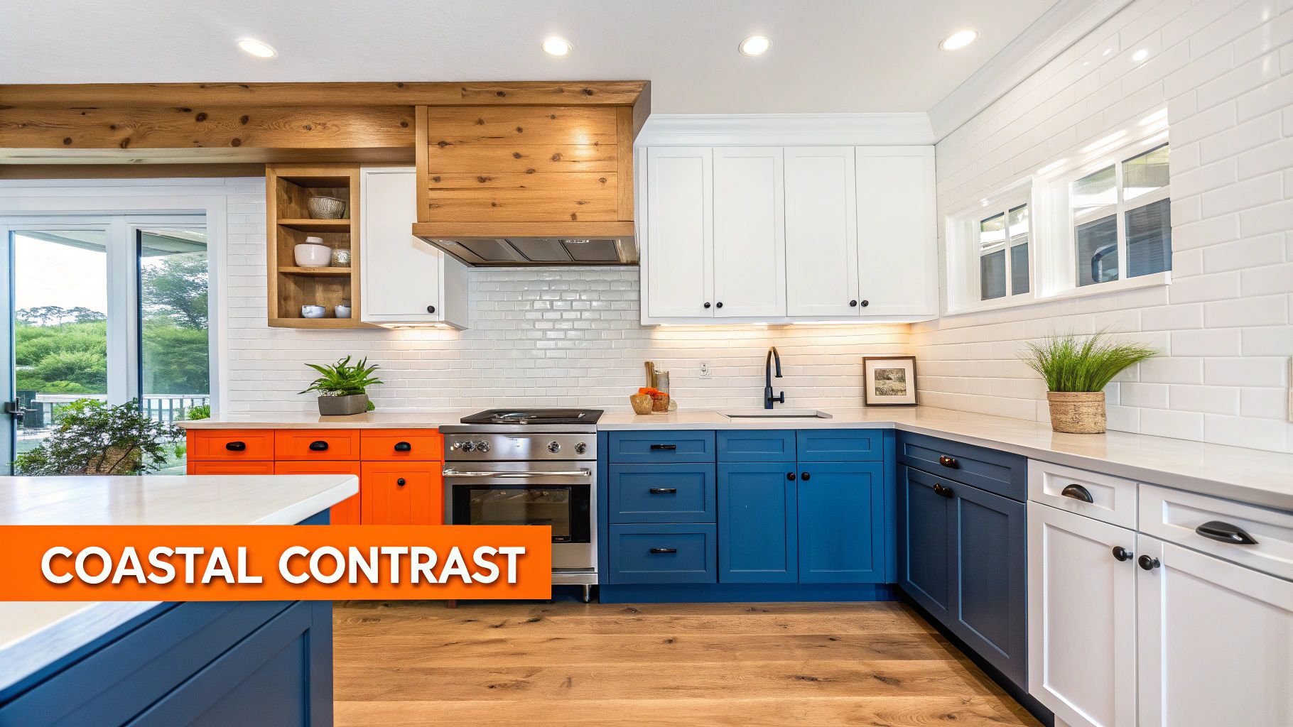 Navy blue and white coastal kitchen with natural wood accents, featuring orange cabinetry and polished hardware, showcasing a sophisticated and dynamic design aesthetic.
