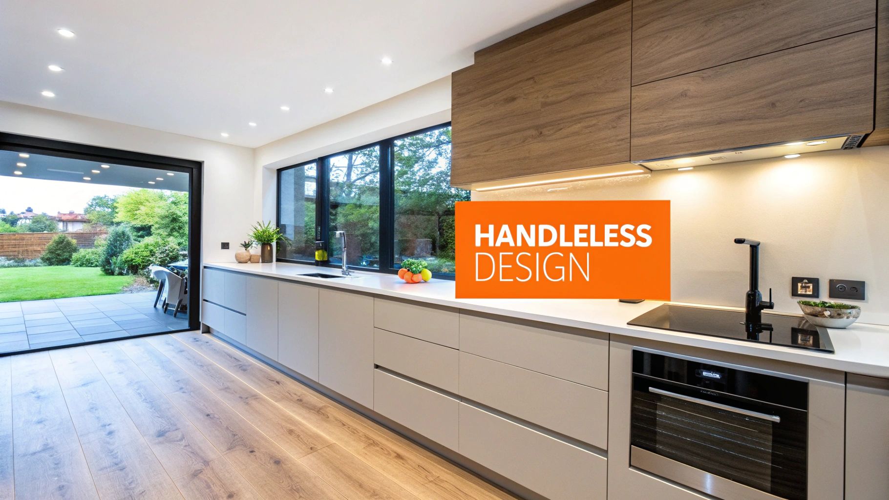 A bright, modern handleless kitchen featuring wooden and light grey cabinets, a large window overlooking a garden, and an integrated oven.