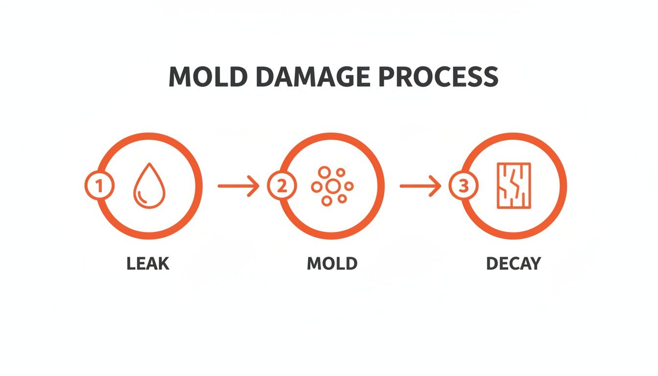 Infographic illustrating the mold damage process, showing leak, mold growth, and subsequent decay.