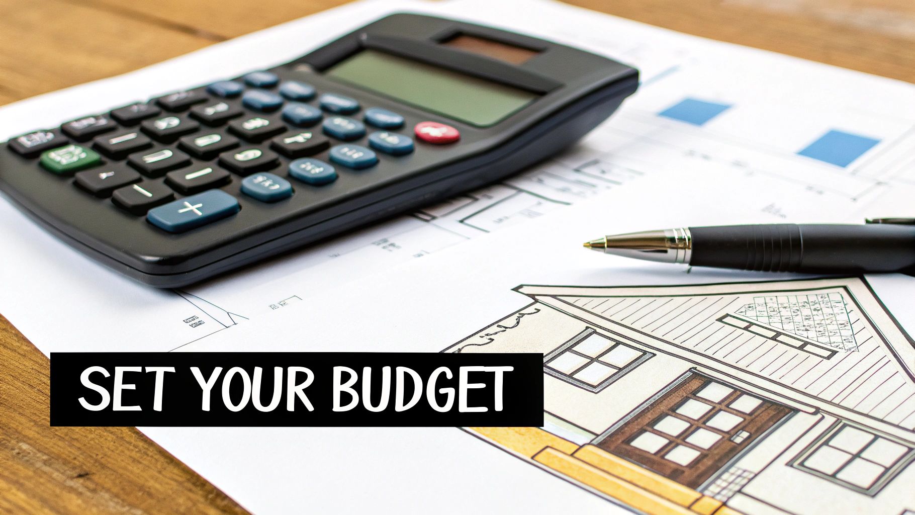 Calculator and architectural plans with "SET YOUR BUDGET" text, emphasizing financial planning for home remodeling and room additions in Orange County.