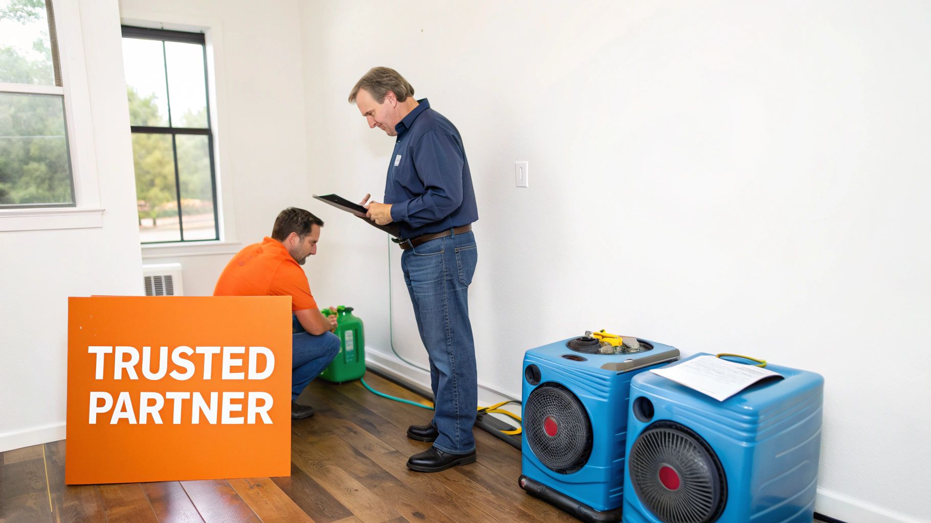 Two service technicians work in a room with water restoration equipment and a "Trusted Partner" sign.
