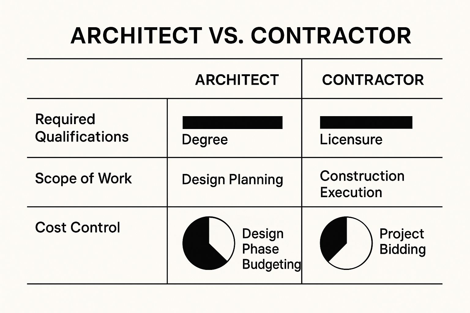 Table comparing architect and contractor qualifications, scope of work, and cost control methods for remodeling projects.